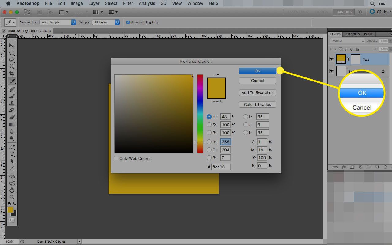 Kleurselectievenster in Photoshop met de OK-knop gemarkeerd