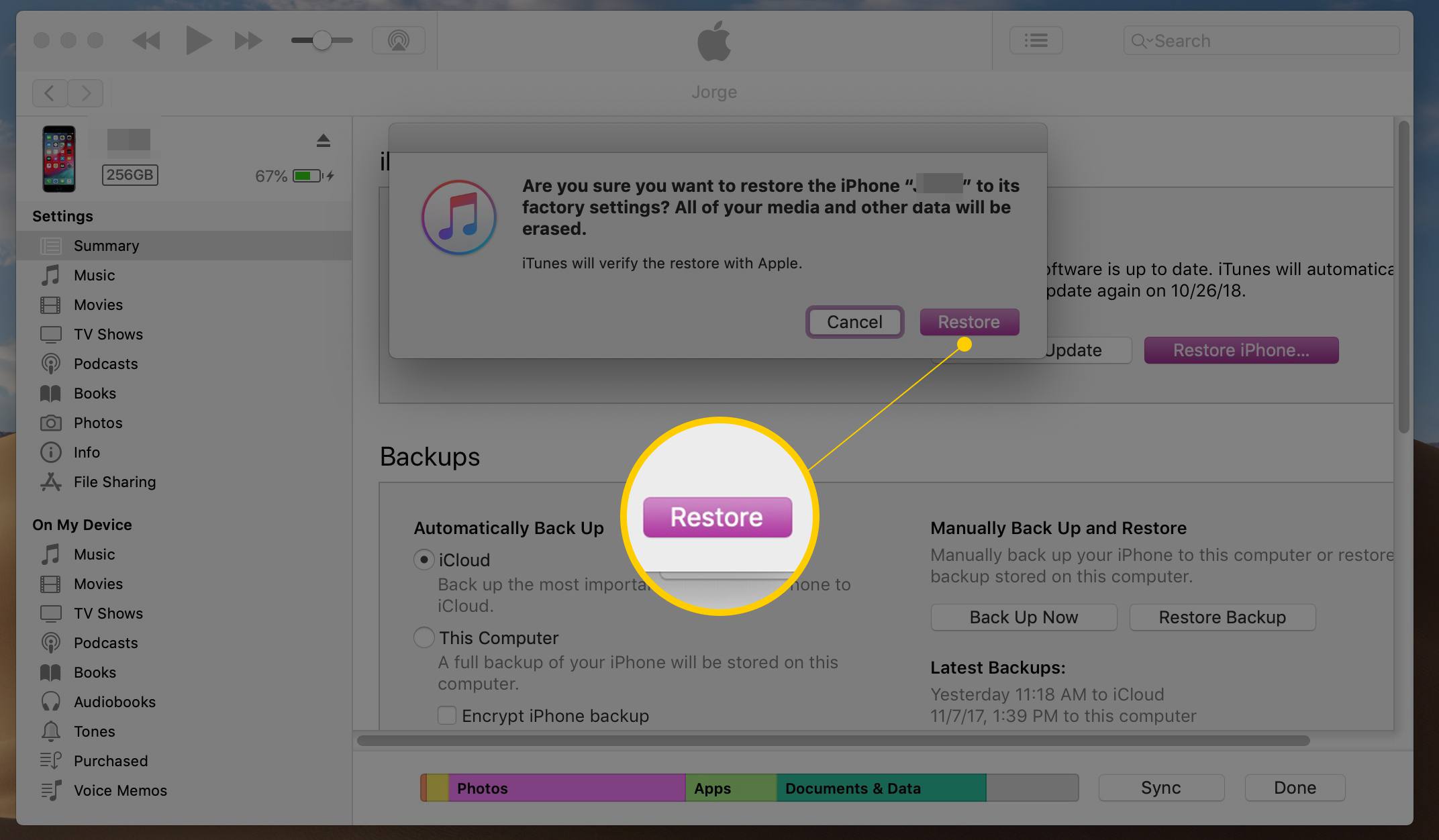 Bevestigingsknop herstellen in iTunes voor macOS