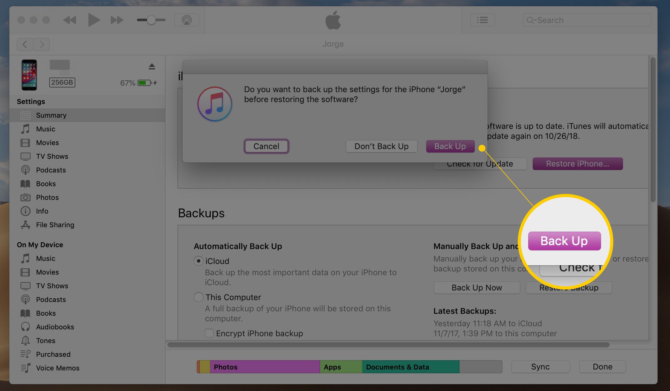 Back-upknop in iTunes voor macOS