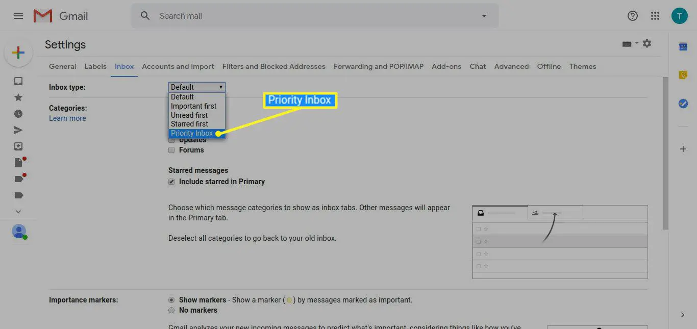 Prioriteitsinbox geselecteerd in menu naast Inboxtype