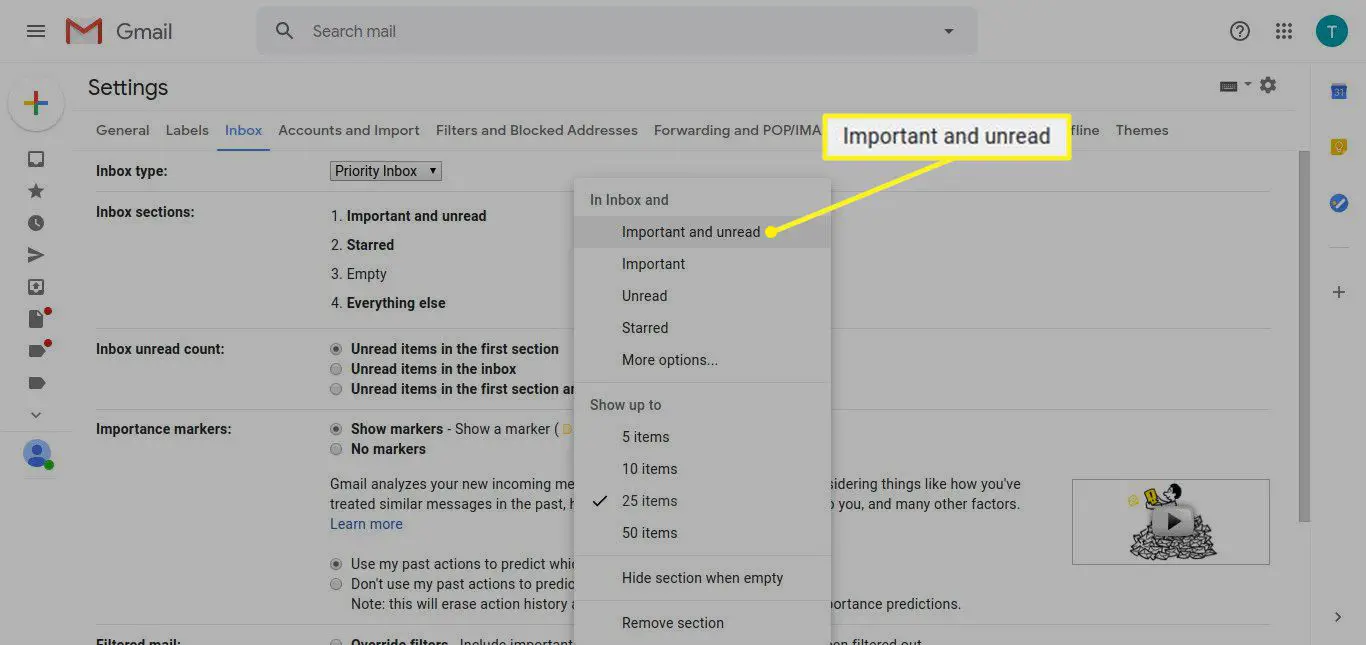 Gmail Inbox-sectie met Belangrijk en ongelezen