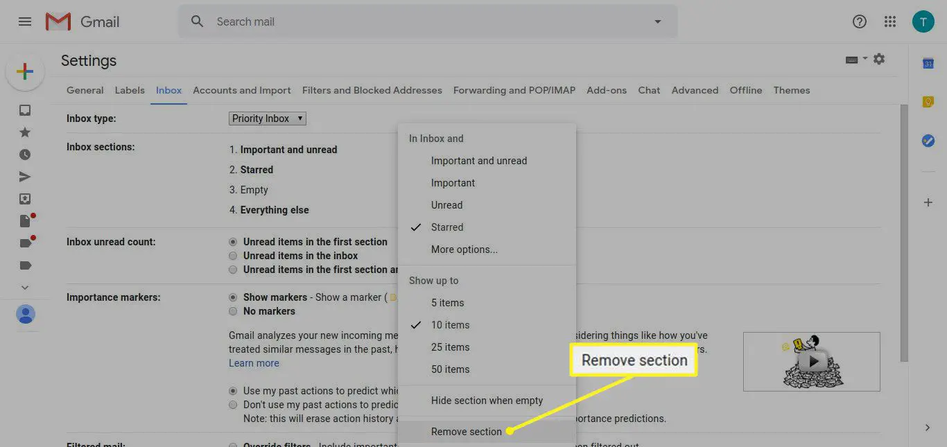 Sectie-opties voor Gmail-inbox met sectie Verwijderen gemarkeerd