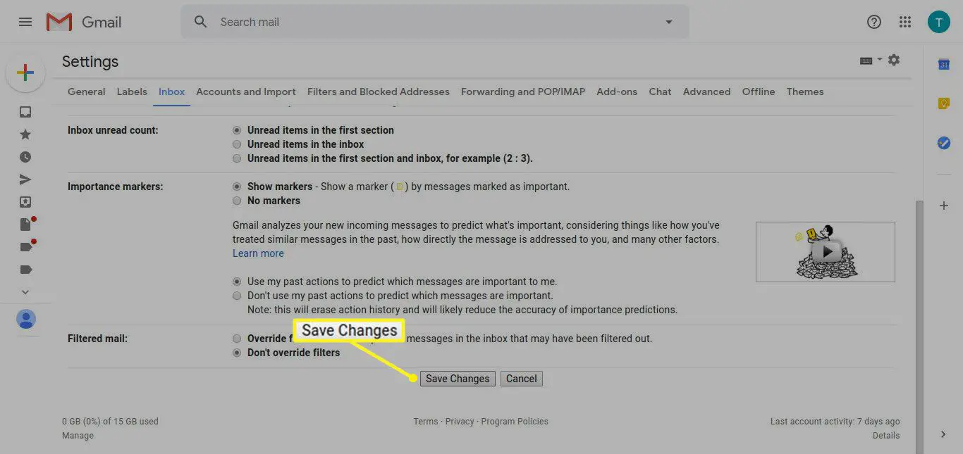 Gmail-instellingen met Wijzigingen opslaan gemarkeerd