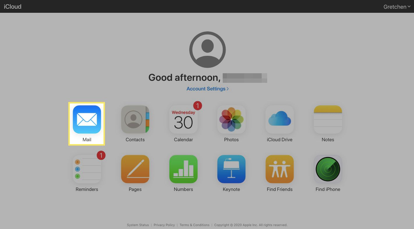 Uw iCloud-dashboard met Mail gemarkeerd
