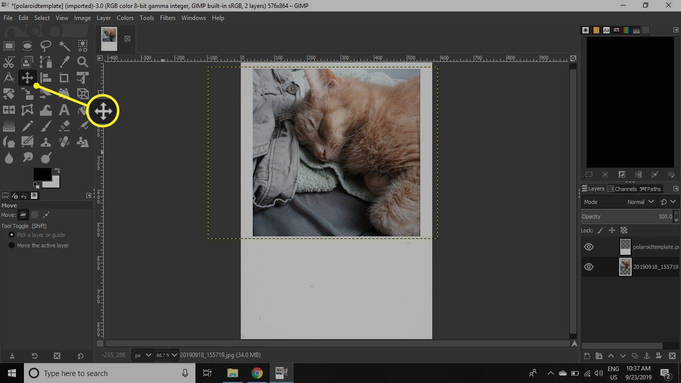 Het gereedschap Verplaatsen in GIMP en de afbeelding in het Polaroid-frame