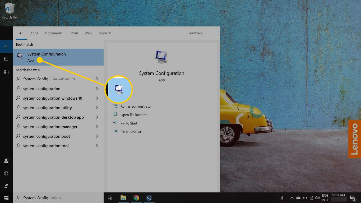 Windows-menu met Systeemconfiguratie gemarkeerd