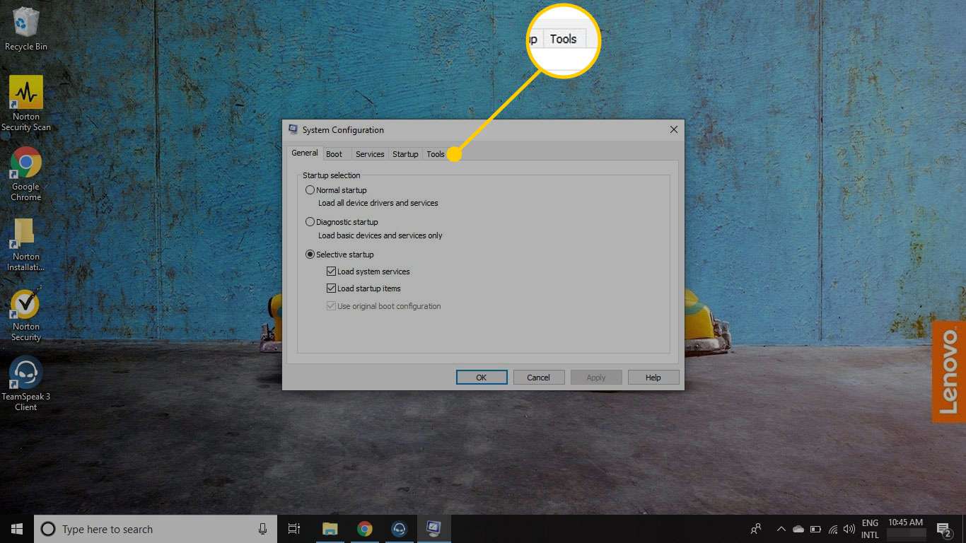 Systeemconfiguratie in Windows met het tabblad Extra gemarkeerd