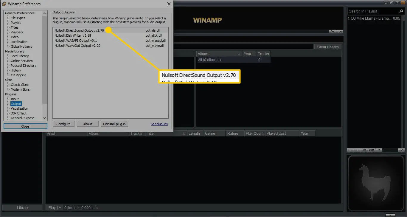 Nullsoft DirectSound-uitvoer in WinAmp-voorkeuren