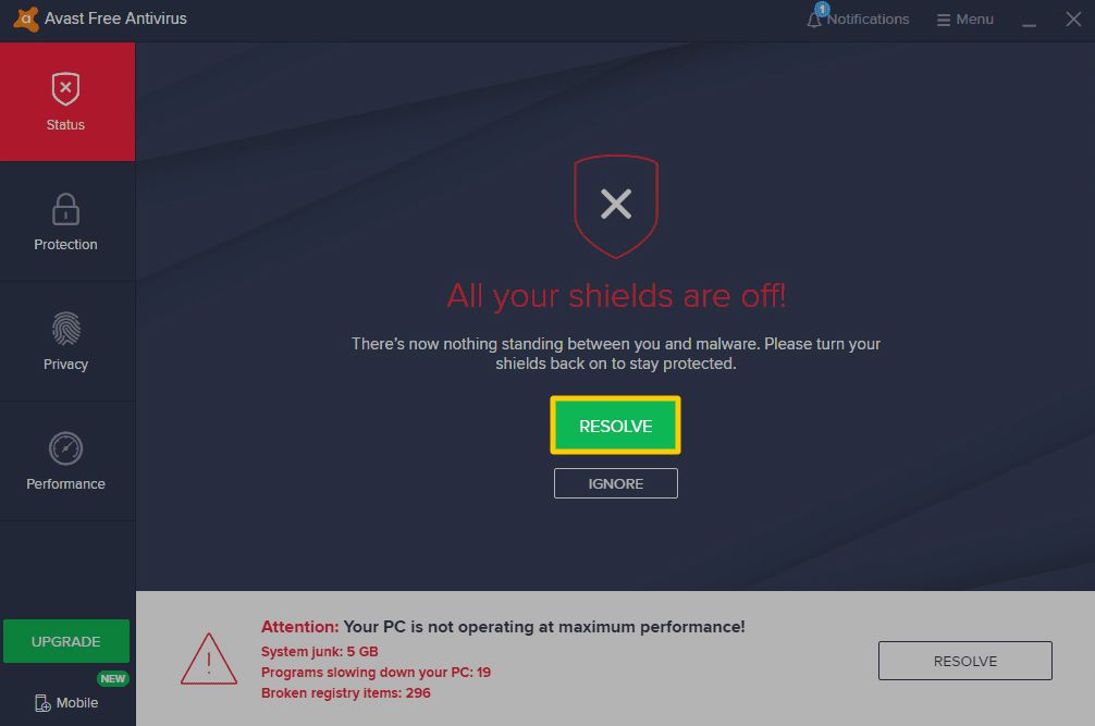 Een schermafbeelding van Avast met uitgeschakelde schilden, waarin de gebruiker wordt gevraagd het probleem op te lossen.