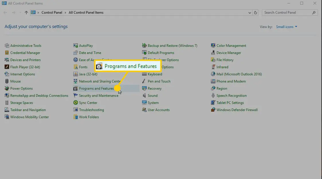 Screenshot van het openen van Programma's en onderdelen in Windows.