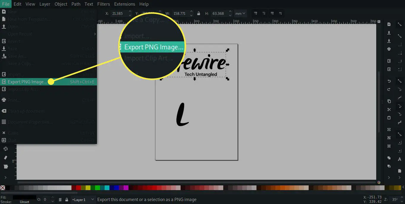 Een screenshot van Inkscape met de opdracht PNG-afbeelding exporteren gemarkeerd