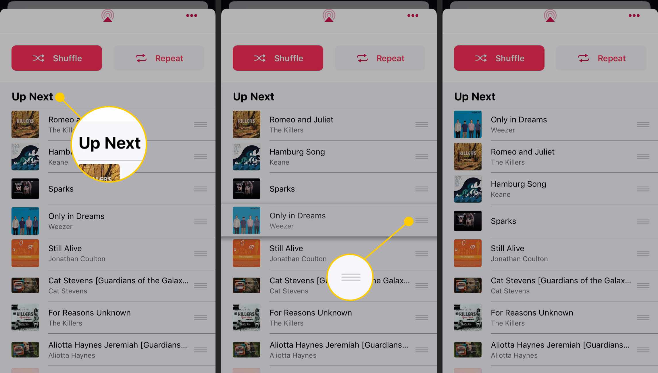 Een nummer verplaatsen in de lijst 'Volgende' in de Muziek-app op een iPhone