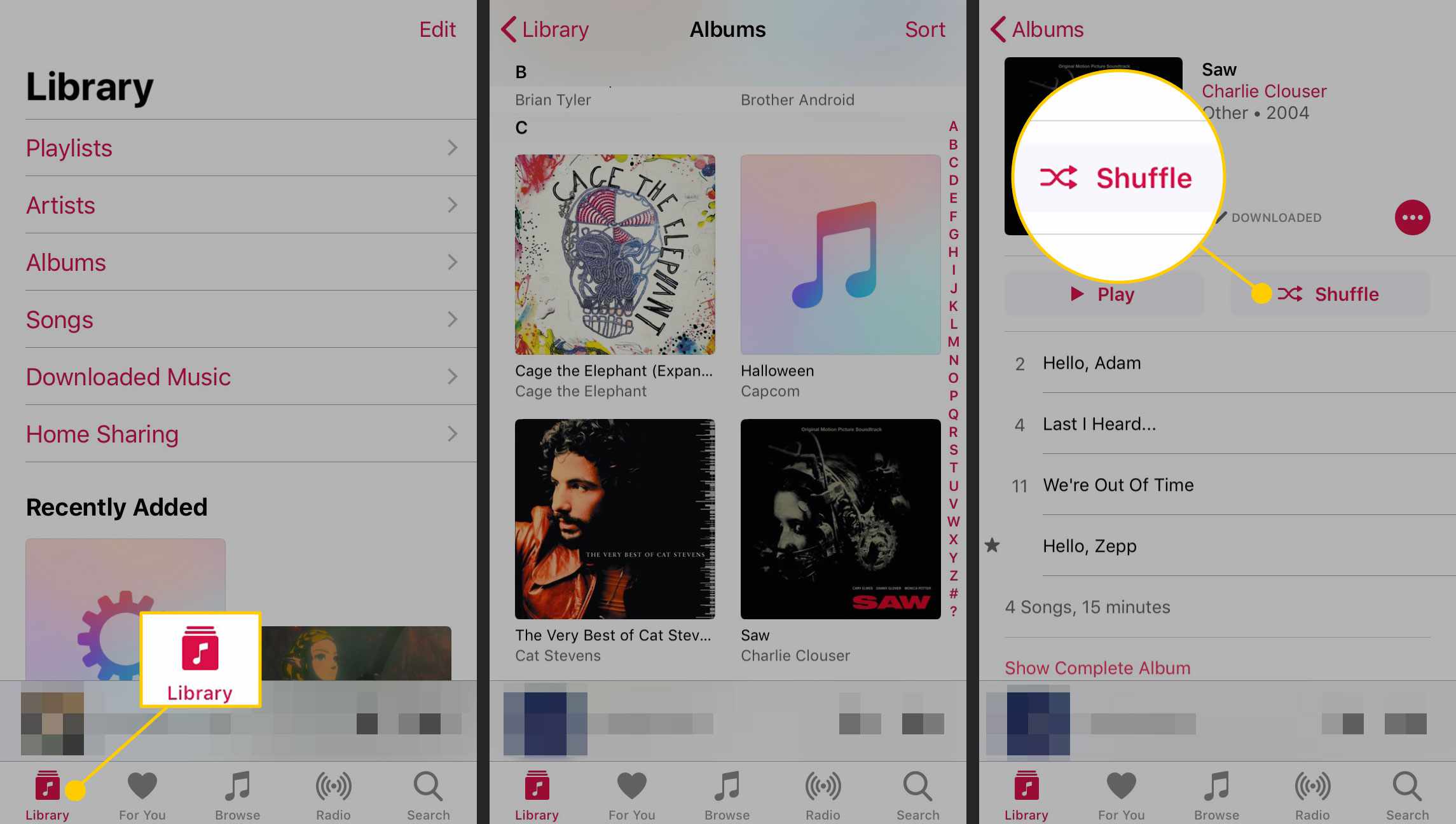 Een album in willekeurige volgorde afspelen in de Muziek-app op de iPhone