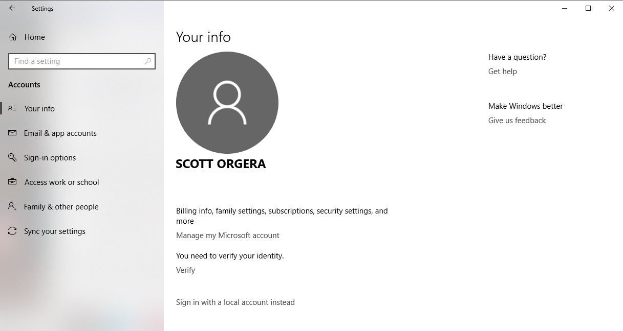 Een schermafbeelding van het scherm Accountinstellingen van Windows 10