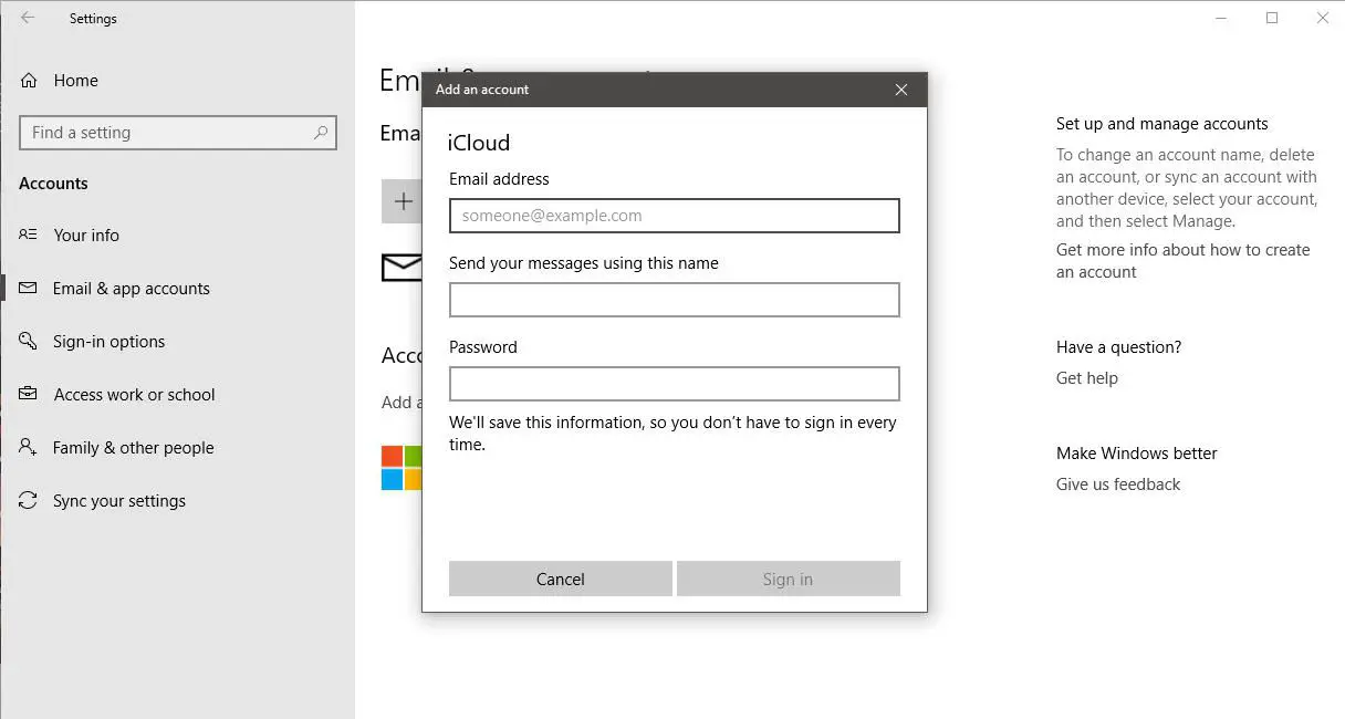 Een screenshot van een gebruiker die zijn iCloud-account toevoegt aan Windows 10