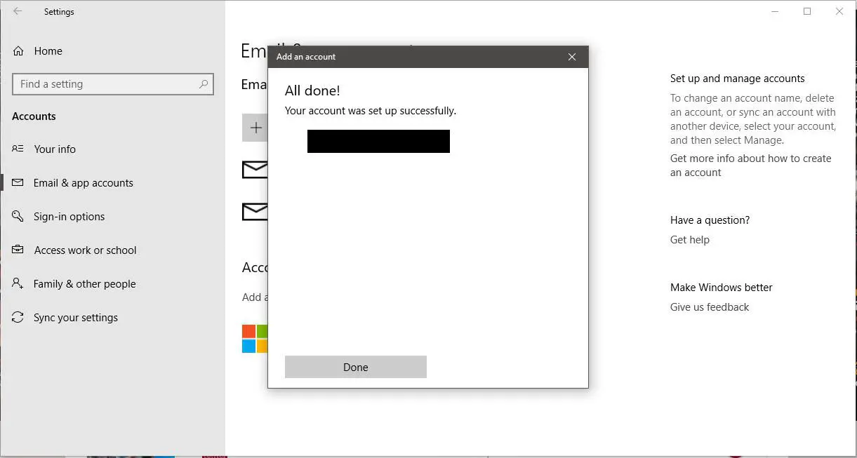 Een screenshot van de Windows 10 Voeg een accountbevestigingsbericht toe.