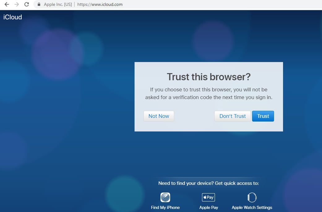 Een screenshot van de iCloud-browservertrouwensvraag in de Google Chrome-browser