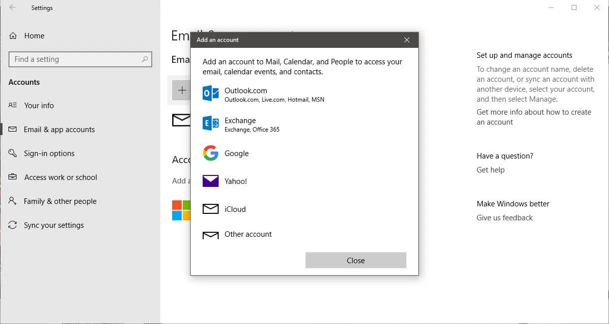 Een schermafbeelding van het dialoogvenster Een account toevoegen van Windows 10