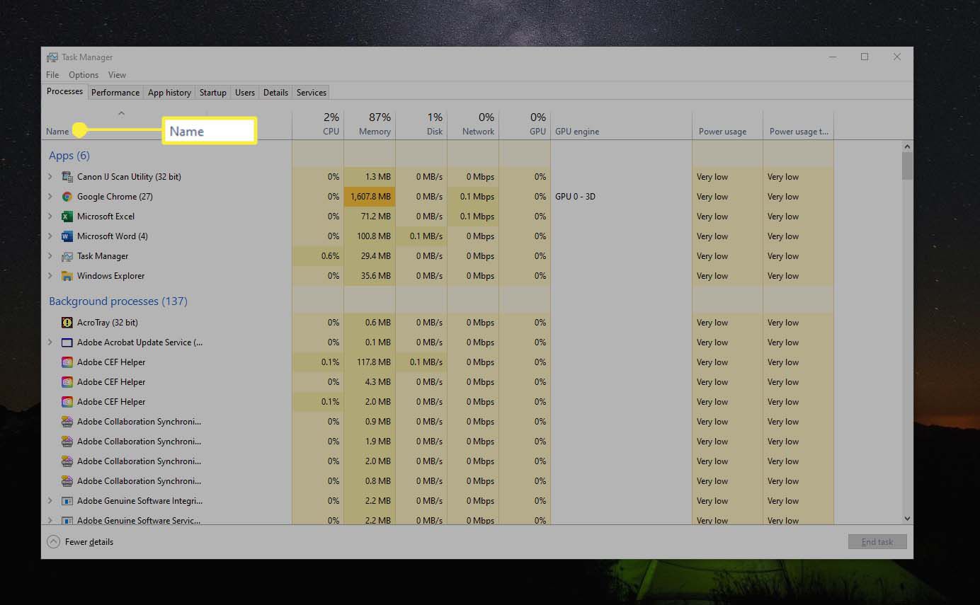 Windows 10 Taakbeheer, kolom "Naam"