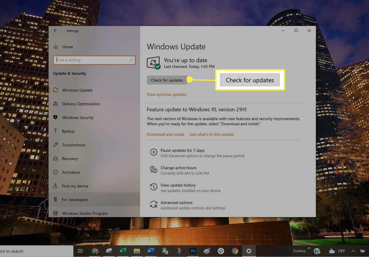 Selecteer "Controleren op updates" in Windows 10.