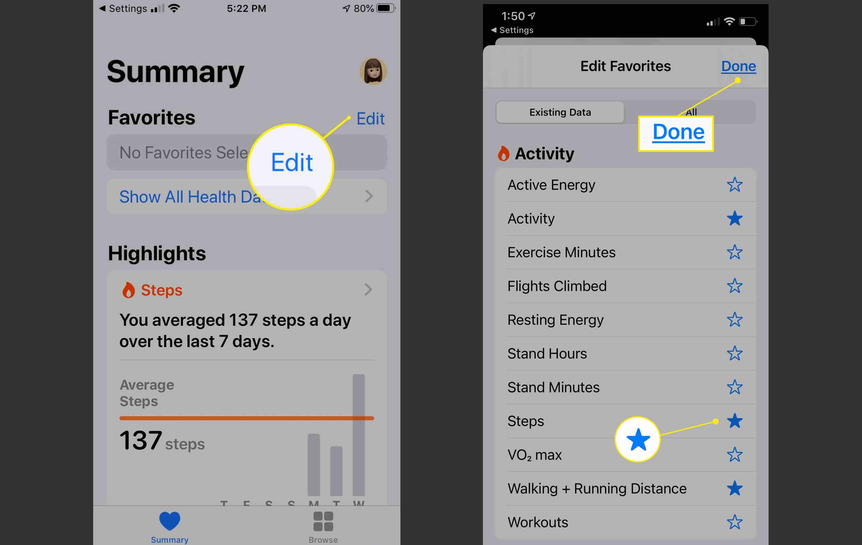 Scherm Favorieten bewerken in iPhone Health-app