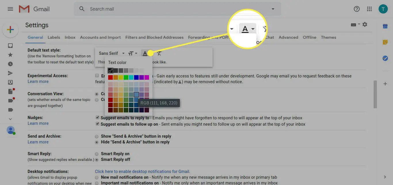 De opties voor standaardtekststijl van Gmail met de optie Tekstkleur gemarkeerd