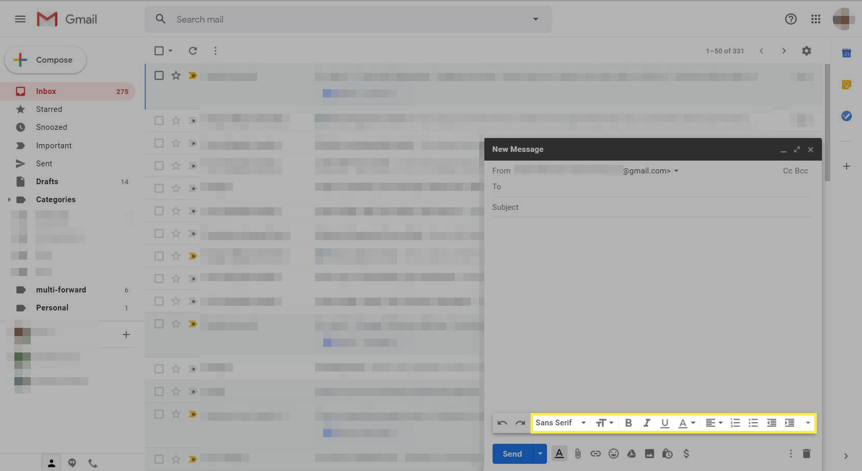 Een nieuw bericht in Gmail met de tekstopmaakopties gemarkeerd