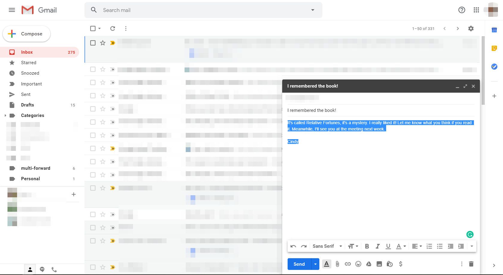 Geselecteerde tekst in het scherm Berichtsamenstelling in Gmail