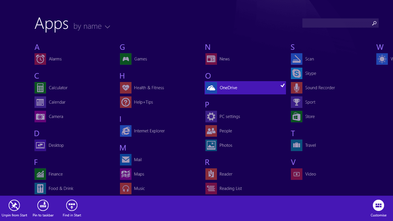De Windows RT 8.1 Apps-lijst met aanpassingsopties