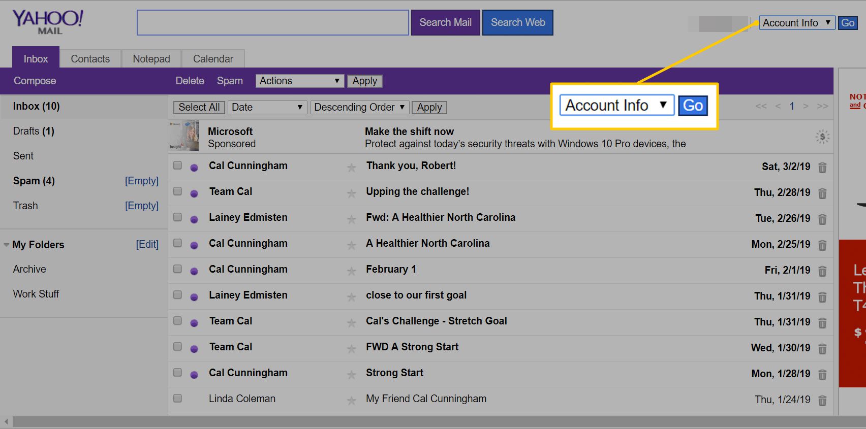 Accountinfo-menu in Yahoo Mail Basic