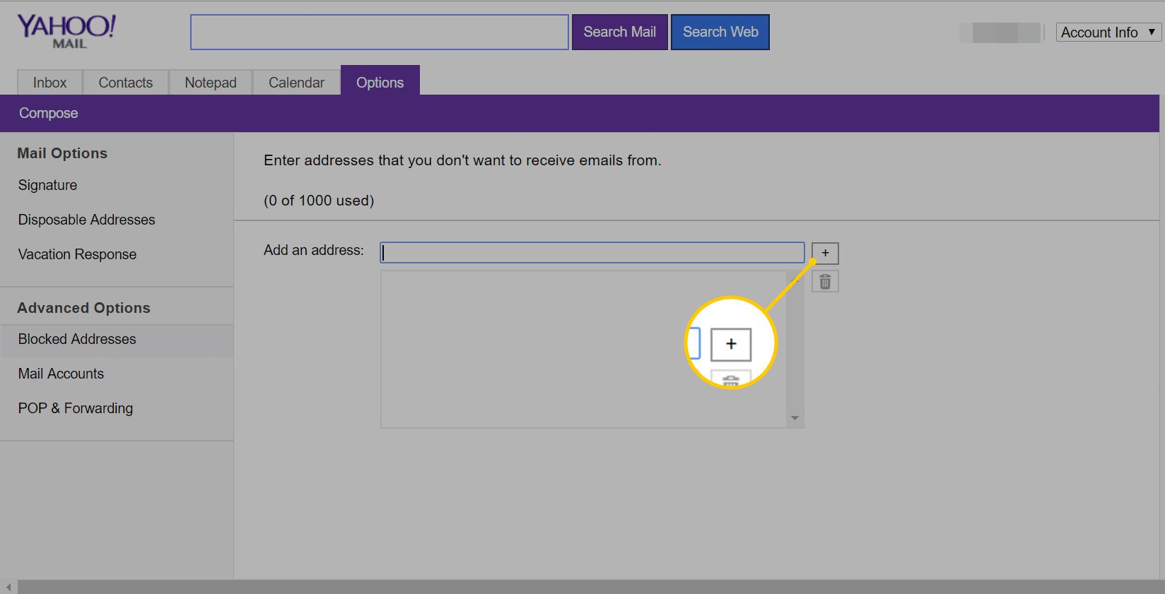 Plusteken om een ​​geblokkeerd e-mailadres toe te voegen aan de Yahoo Mail Basic-webpagina