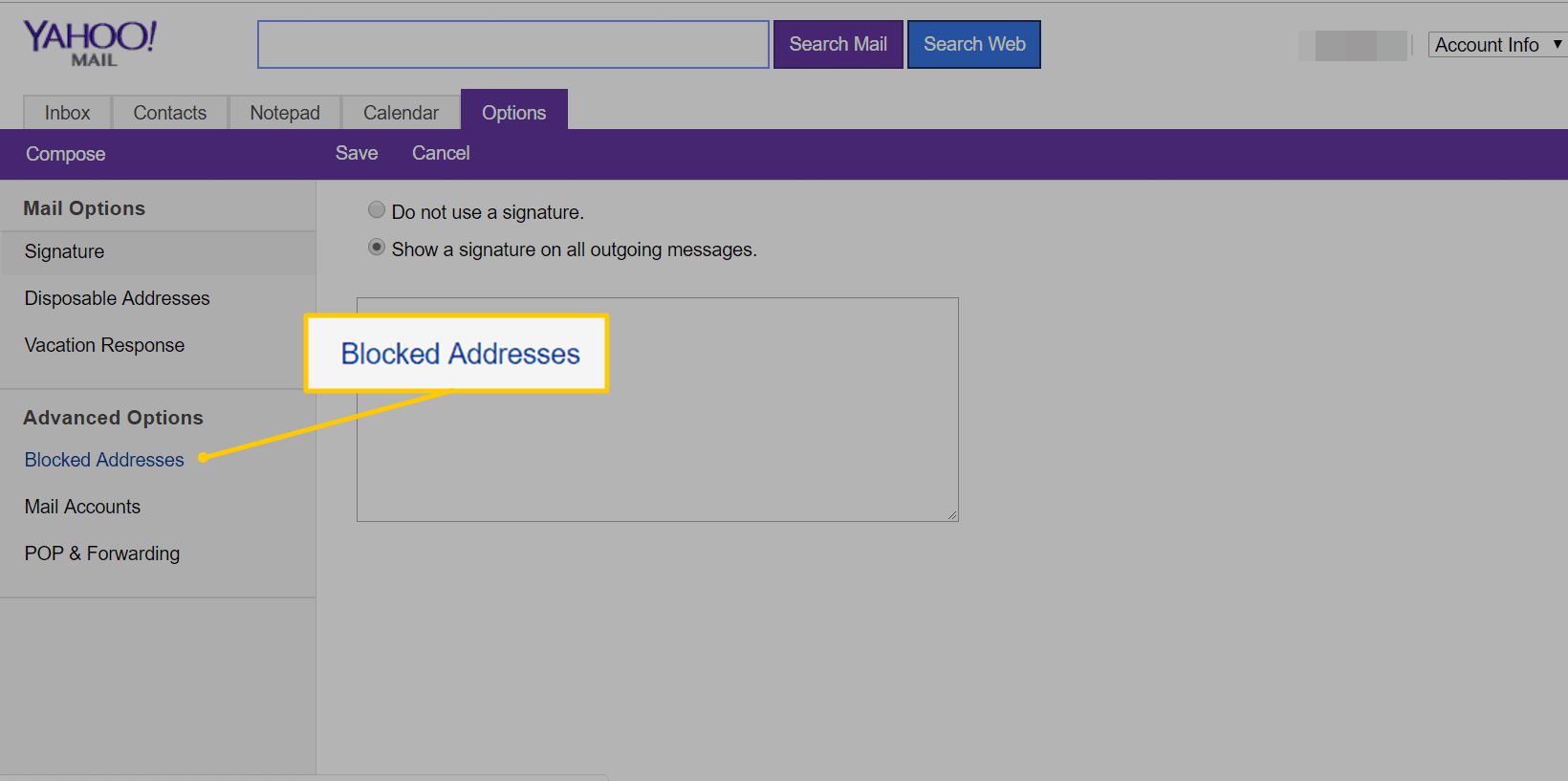 Geblokkeerde adressen link op Yahoo Mail Basic webpagina