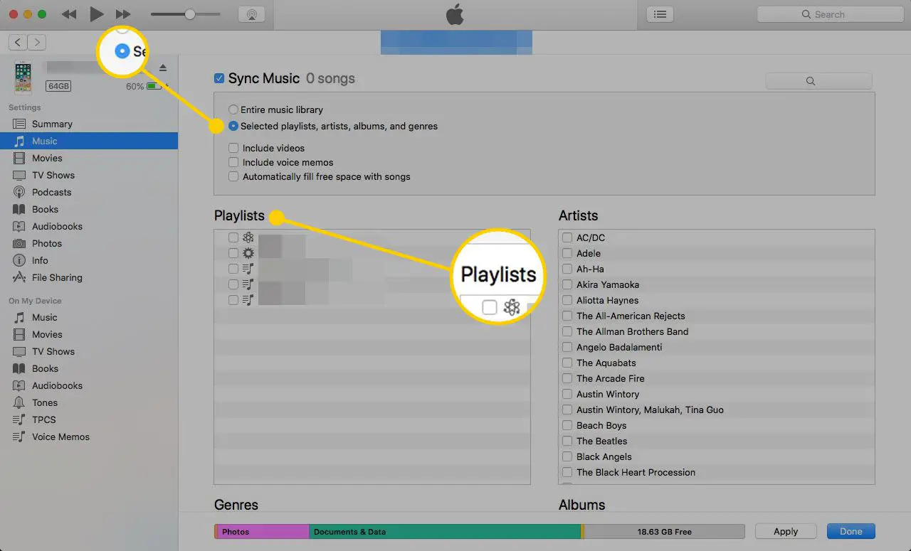 Muziekscherm in iTunes met de knop Geselecteerde afspeellijsten gemarkeerd