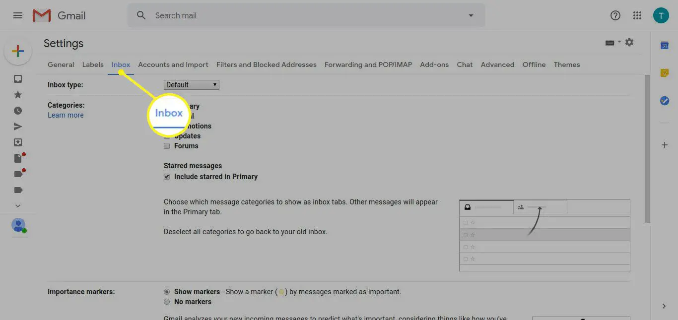 Gmail-instellingen met het tabblad Inbox gemarkeerd
