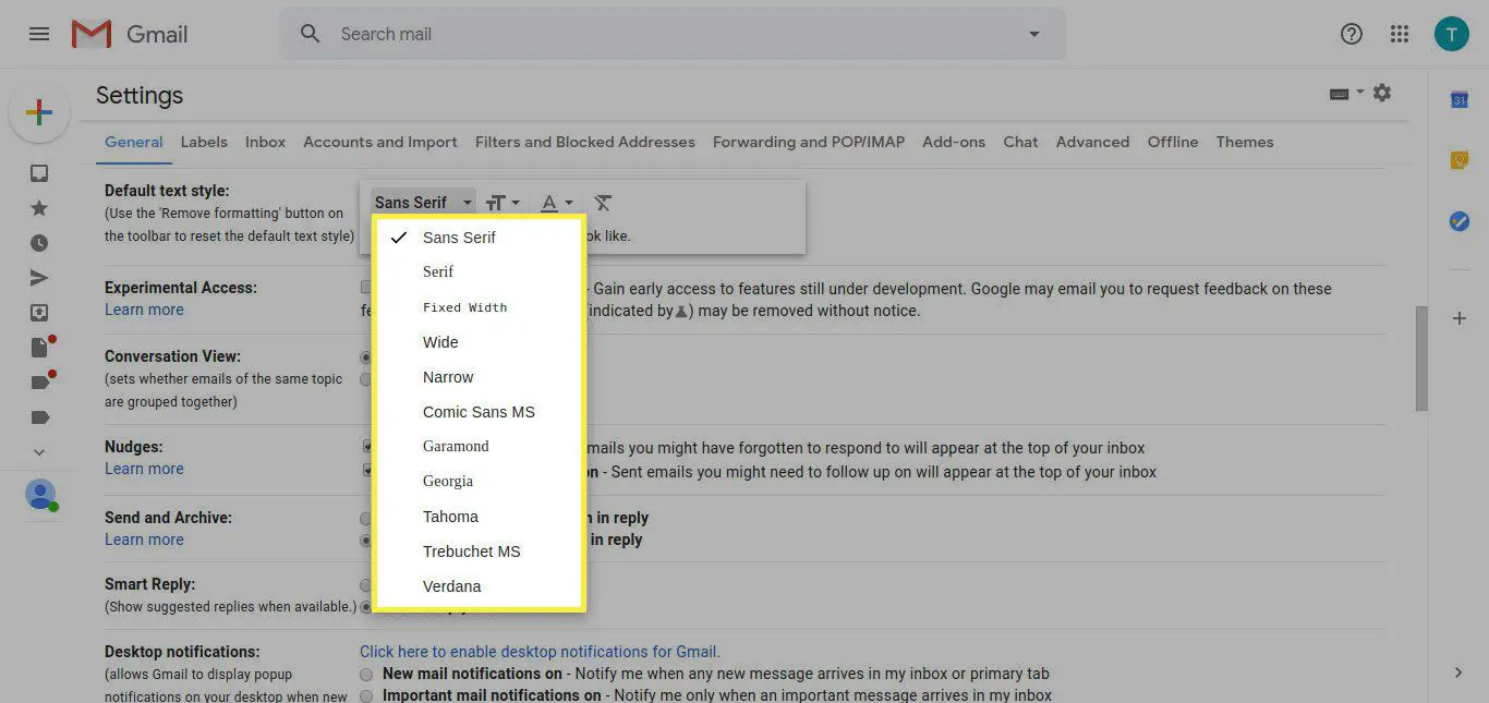 Gmail-instellingen met de tekstopties gemarkeerd