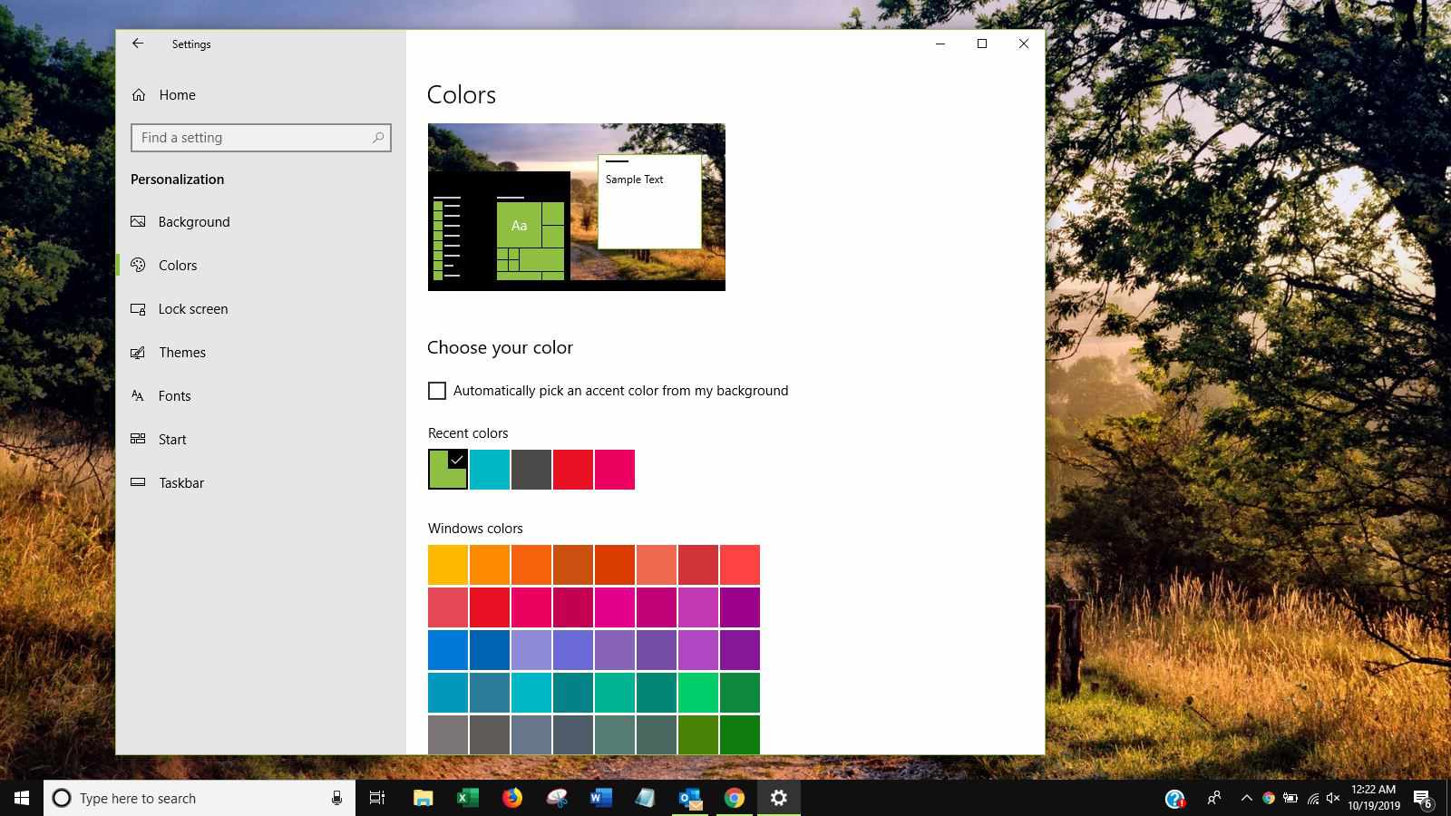 Screenshot van Windows-kleuren in Achtergrondinstellingen