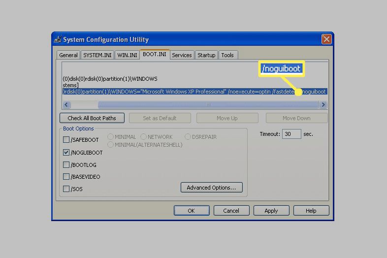 Hulpprogramma voor systeemconfiguratie in Windows XP met de NOGUBOOT-optie ingeschakeld