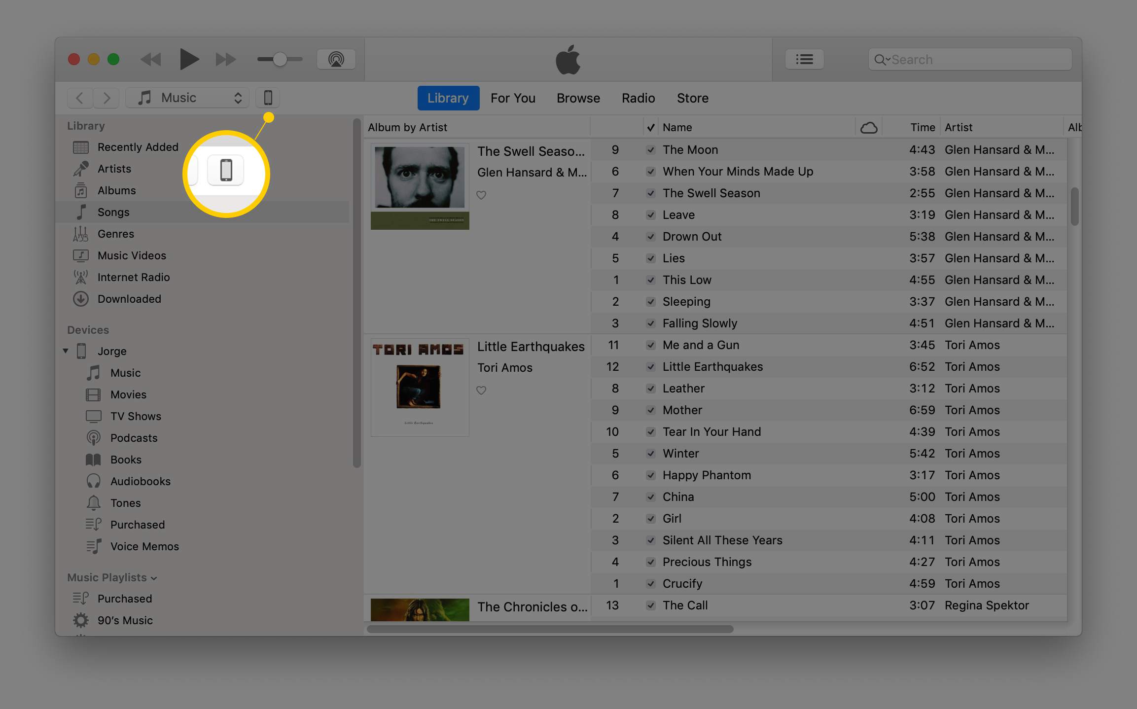 iPhone-pictogram in iTunes voor macOS