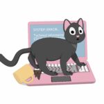 gray cat and a pink laptop with a screen of death 1085061206 4edc2dca26994643bcf34342603c4a35