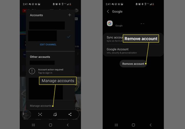 Accounts beheren en account verwijderen optie voor YouTube op Android