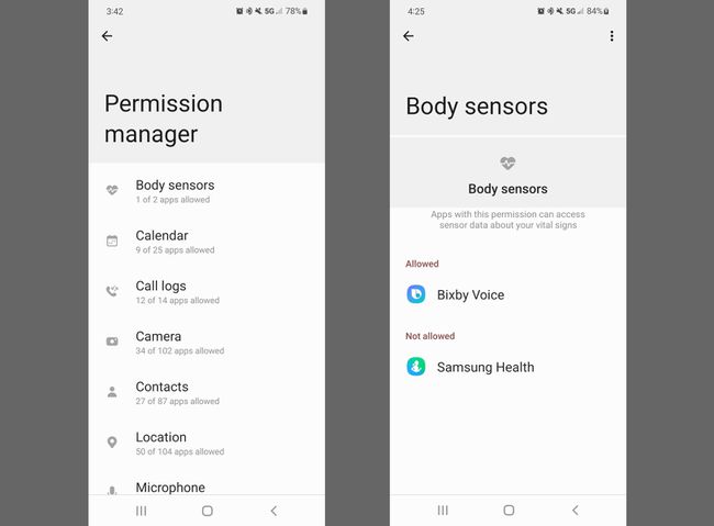 Instellingen voor machtigingenbeheer en lichaamssensor in Samsung Privacy Dashboard
