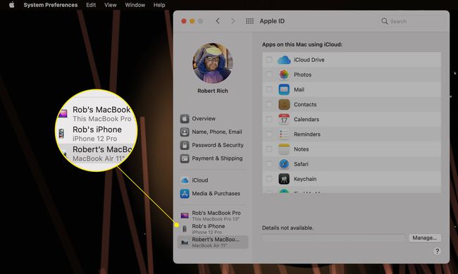 Apparaatlijst op Mac Apple ID Systeemvoorkeuren gemarkeerd