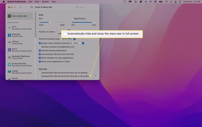 "De menubalk automatisch verbergen of weergeven op volledig scherm" gemarkeerd onder Mac-systeemvoorkeuren.