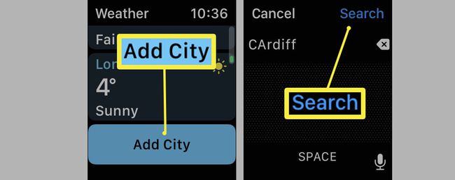 Apple Watch Weather-app met Stad toevoegen gemarkeerd.