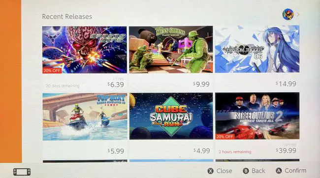 Een screenshot van de recente releases in de Nintendo E-Shoppe.