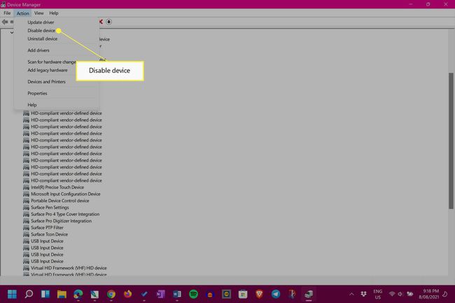 Windows 11 Apparaatbeheer Actiemenu met Apparaat uitschakelen gemarkeerd
