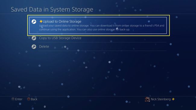 Opgeslagen PS4-gegevens uploaden naar Cloud Storage met Uploaden naar Online Storage gemarkeerd