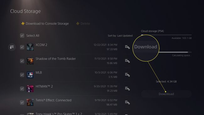 PS4-opslagbestanden selecteren om naar PS5 te downloaden met Download gemarkeerd