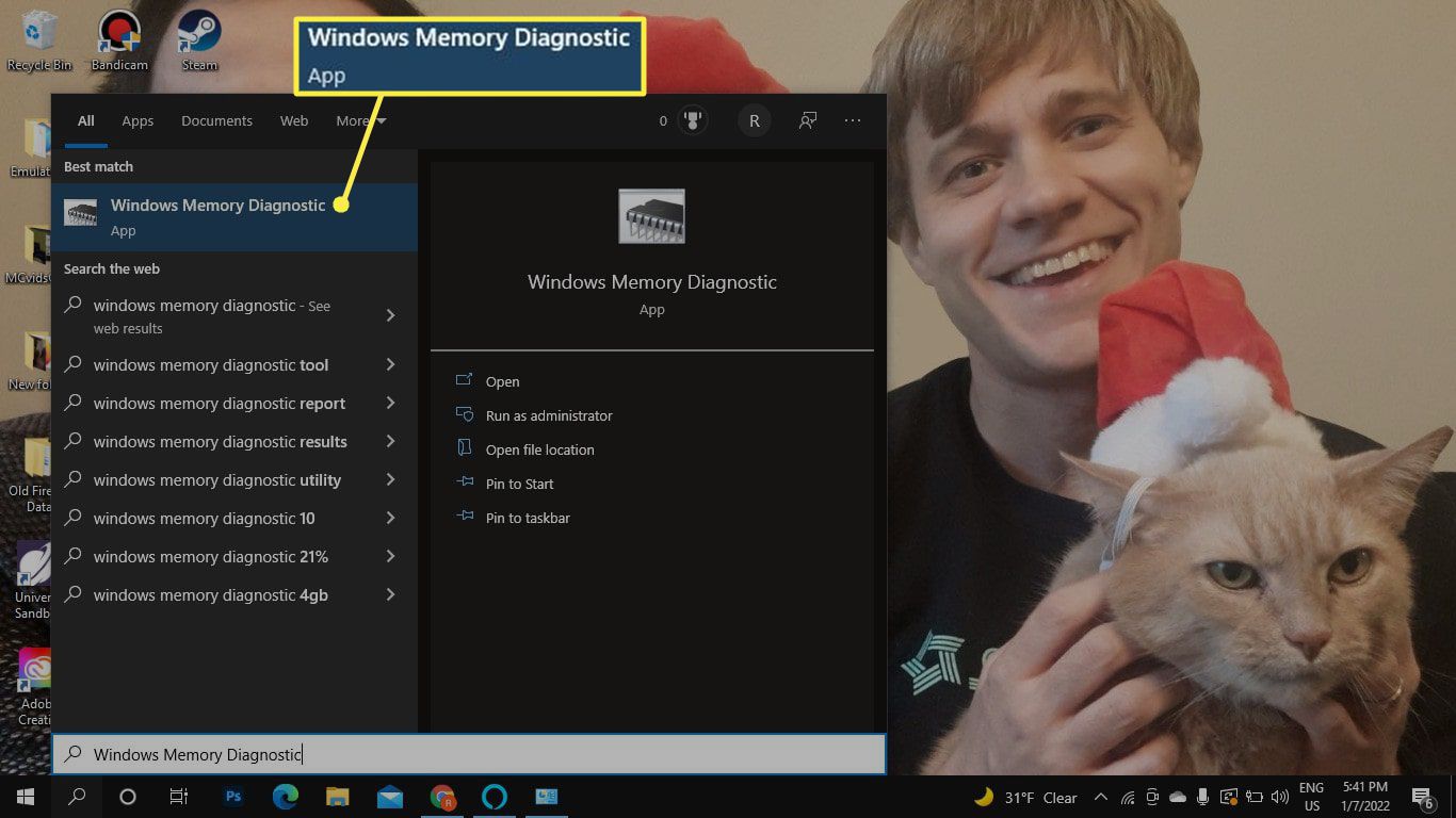 Windows Memory Diagnostic-app in Windows Search