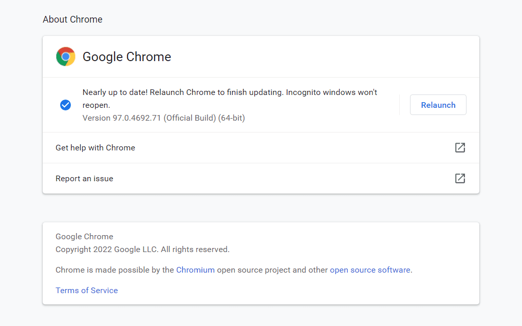 Over Chrome-pagina met knop Opnieuw starten voor update